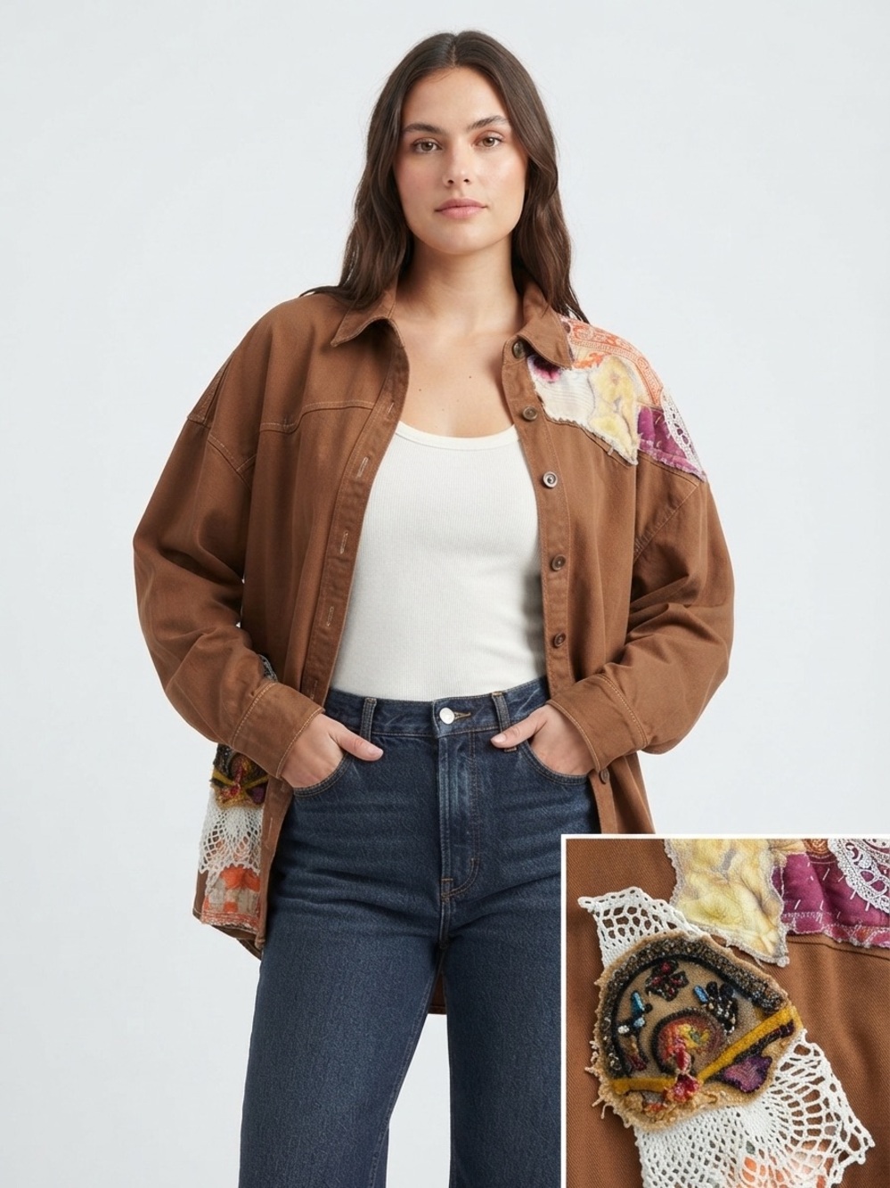 Oversized Brown Patchwork Button-Front with Embroidered Detail